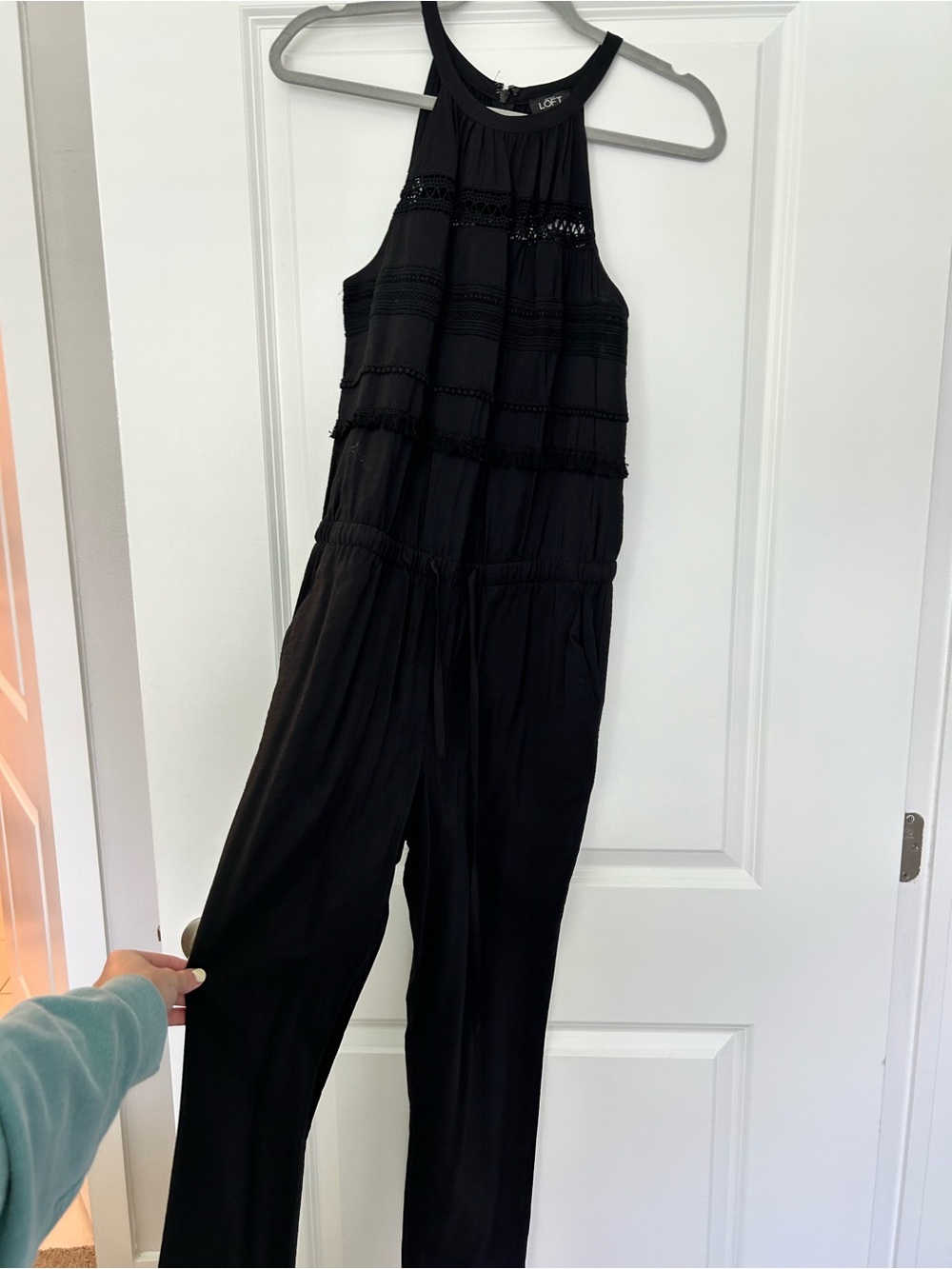 LOFT Black Halter Lace-Trim Jumpsuit